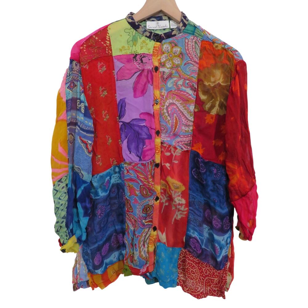 Sacred Threads Women Sz S Colorful Patchwork Top Boho Mixed Print Button Front